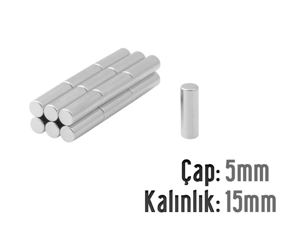 Neodyum Mıknatıs Silindir Çap 5mm , Kalınlık 15mm   ( 10 Adet)