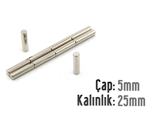 Neodyum Mıknatıs Silindir Çap 5mm , Kalınlık 25mm   ( 10 Adet)