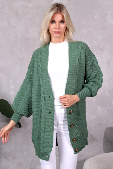 Lugmo Kadın Triko Hırka Akrilik iplik 80 cm Saç Örgülü Çağla Yeşili - 4