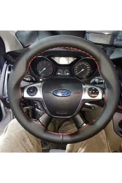 DİKİŞLİ DİREKSİYON KILIFI SİYAH DERİ KIRMIZI DİKİŞLİ FORD FOCUS ürün görseli