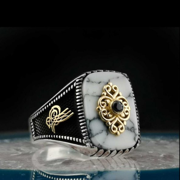 Özel Tasarım Beyaz Firuze Taşlı Tuğra Detaylı 925 Ayar Gümüş Yüzük ürün görseli