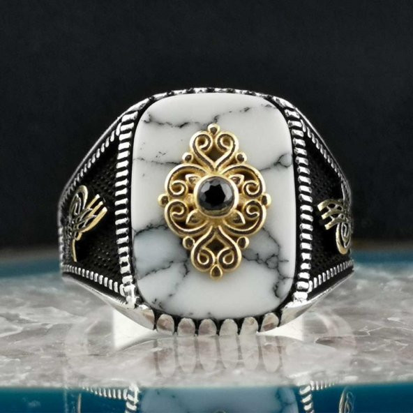 Özel Tasarım Beyaz Firuze Taşlı Tuğra Detaylı 925 Ayar Gümüş Yüzük - Resim 4