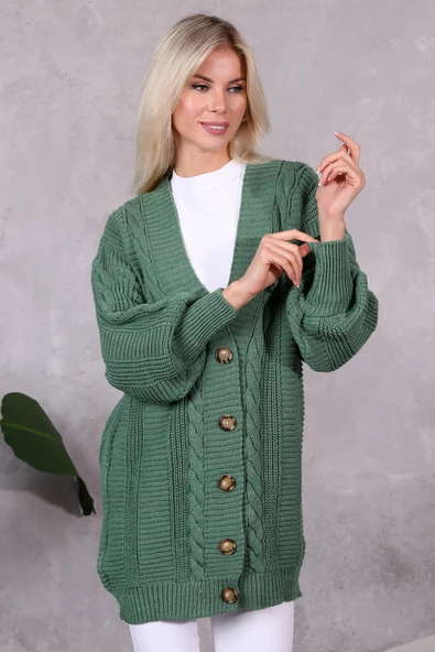 Lugmo Kadın Triko Hırka Akrilik iplik 80 cm Saç Örgülü Çağla Yeşili (80cm) - 6