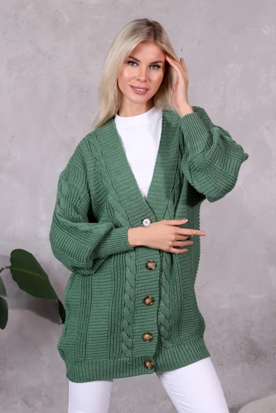 Lugmo Kadın Triko Hırka Akrilik iplik 80 cm Saç Örgülü Çağla Yeşili (80cm) - 2