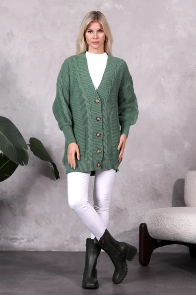 Lugmo Kadın Triko Hırka Akrilik iplik 80 cm Saç Örgülü Çağla Yeşili - 5