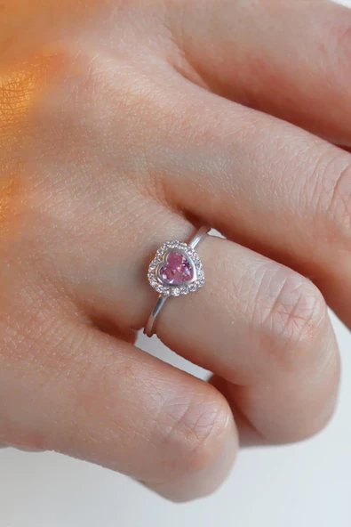 Kalp Pandora Pembe Taşlı 925 Ayar Gümüş Yüzük - 2