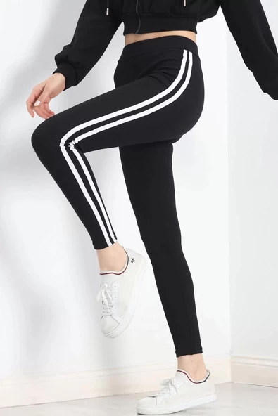 Şardonlu Çift Şeritli Ribana Tayt Siyahbeyaz - 20114.1567. - 6