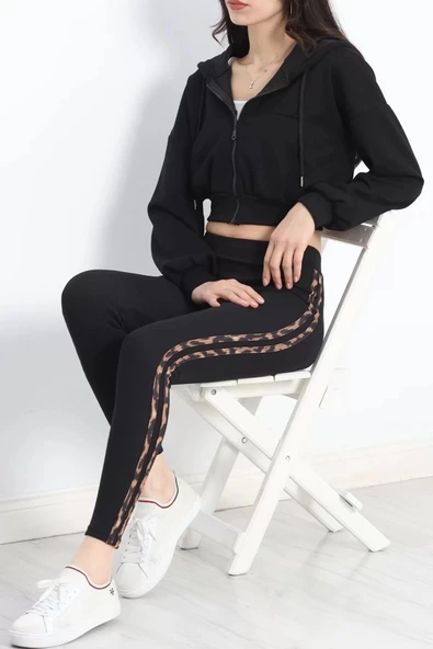 Şardonlu Çift Şeritli Ribana Tayt Siyahleopar - 20114.1567. - 4