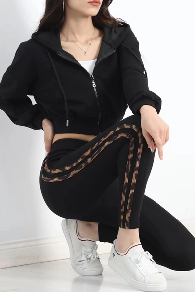 Şardonlu Çift Şeritli Ribana Tayt Siyahleopar - 20114.1567. - 6