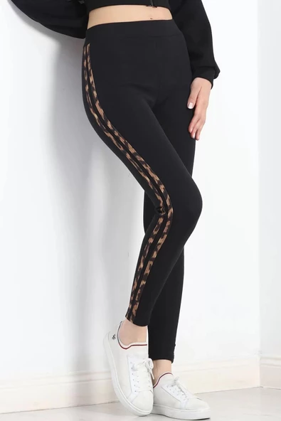 Şardonlu Çift Şeritli Ribana Tayt Siyahleopar - 20114.1567.