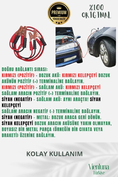 Premium Kalite Tüm Araçlara Uygun %100 Bakır 1200 Amper Dayanıklı Oto Akü Takviye Hızlı Şarj Kablosu - 2