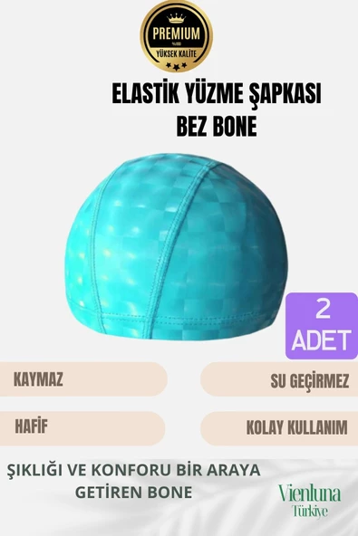 Premium Seri Su Geçirmez Bez Bone Havuz ve Deniz İçin İdeal Elastik Yüzme Şapkası Çift Paket