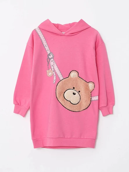LCW Kids Pembe Kapüşonlu Baskılı Uzun Kollu Kız Çocuk Elbise - 4