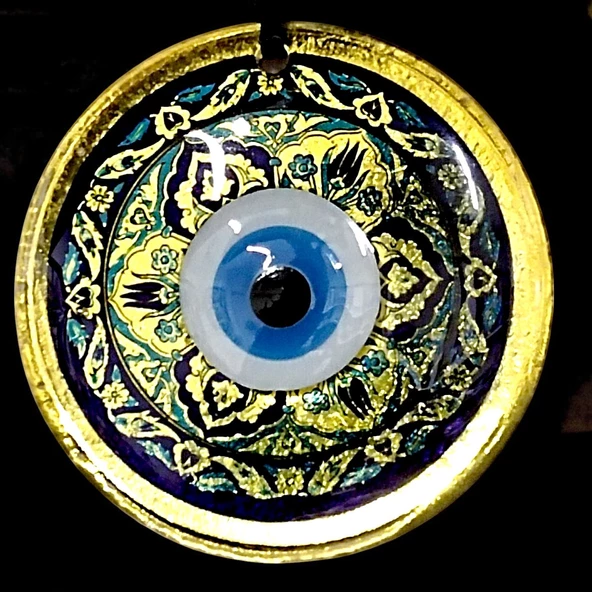 Lale desenli Nazar Boncuklu Altın Rengi Füzyon cam El İşçiliği 12x12 cm Duvar Süsü - 3
