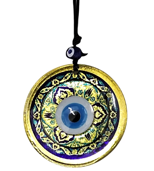 Lale desenli Nazar Boncuklu Altın Rengi Füzyon cam El İşçiliği 12x12 cm Duvar Süsü - 4