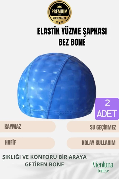 Premium Seri Su Geçirmez Bez Bone Havuz ve Deniz İçin İdeal Elastik Yüzme Şapkası Çift Paket