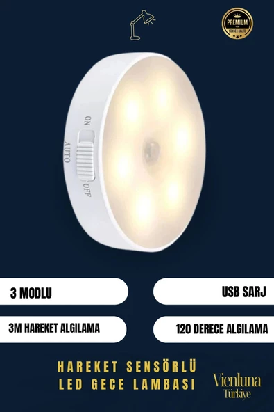 Premium Üretim 3 Mod Beyaz Işık Hareket Sensörlü 8 Ledli Usb Pratik Şarjlı Gece Lambası
