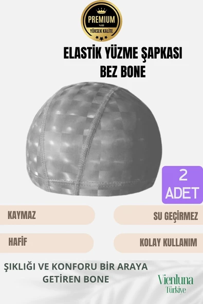 Premium Seri Su Geçirmez Bez Bone Havuz ve Deniz İçin İdeal Elastik Yüzme Şapkası Çift Paket