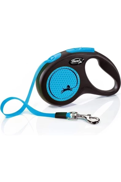Flexi Neon Reflektörlü 5M Şerit Medium Mavi  Otomatik Kedi Köpek Gezdirme Tasması