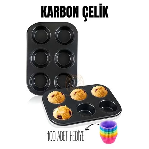 ModaCar 6 lı Muffin Kalıbı Teflon Çelik  100 Muffin Kağıtlı