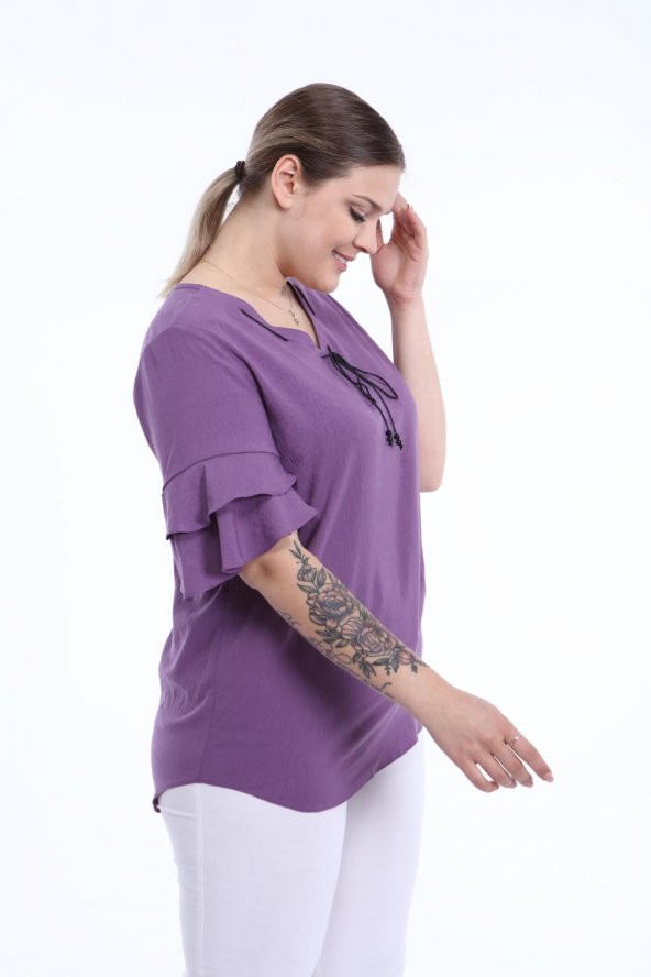 Kadın Büyük Beden Volanlı Kol Bluz Lila L2319 - 3