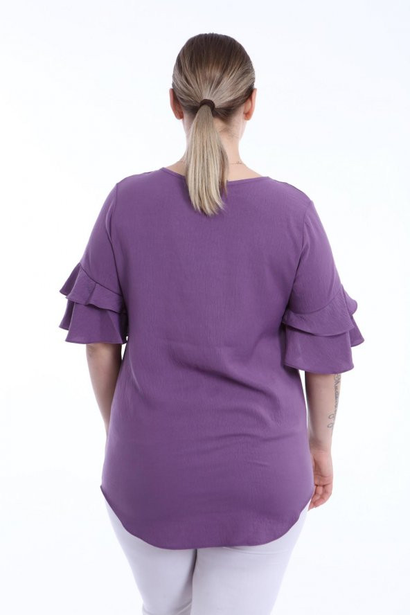 Kadın Büyük Beden Volanlı Kol Bluz Lila L2319 - 5