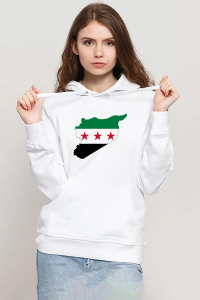 Suriye Yeni Bayrak Beyaz Kadın 3ip Kapşonlu Sweatshirt ürün görseli 1