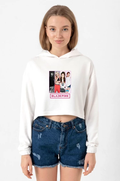 Black Pink Band Ekru Kadın Crop Kapşonlu