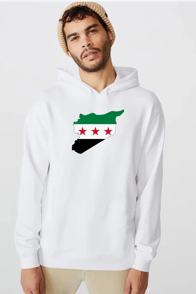 Suriye Yeni Bayrak Beyaz Erkek 3ip Kapşonlu  Sweatshirt