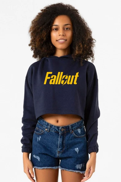 Fallout Lettern Lacivert Kadın Crop Kapşonlu