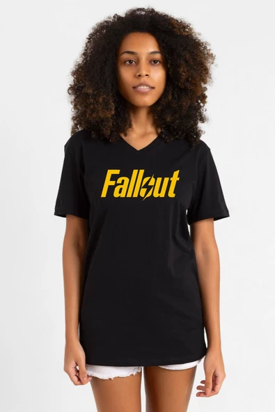 Fallout Lettern Siyah Kadın V yaka Tshirt ürün görseli 1