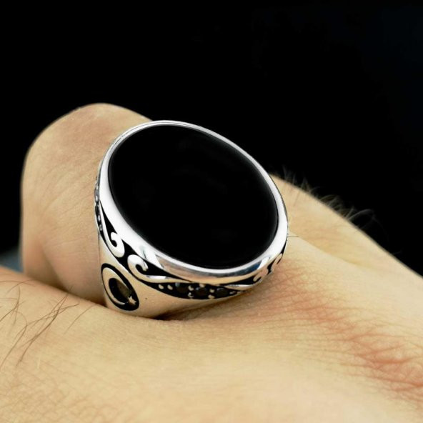 Ayyıldız Tasarımlı Siyah Oval Oniks Taşlı 925 Ayar Gümüş Yüzük - Resim 2