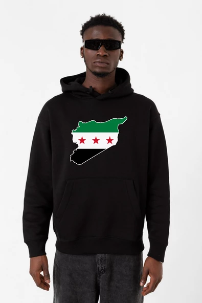 Suriye Yeni Bayrak Siyah Erkek 3ip Kapşonlu Sweatshirt