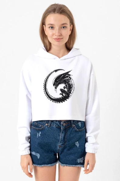 Allien Xenomorph Beyaz Optik Kadın Crop Kapşonlu ürün görseli