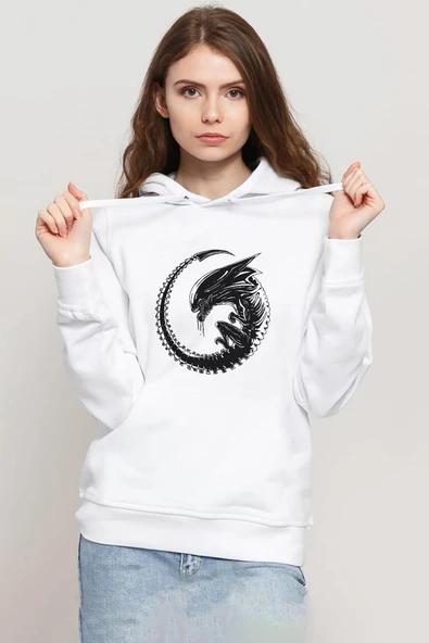Allien Xenomorph Beyaz Kadın 3ip Kapşonlu Sweatshirt ürün görseli