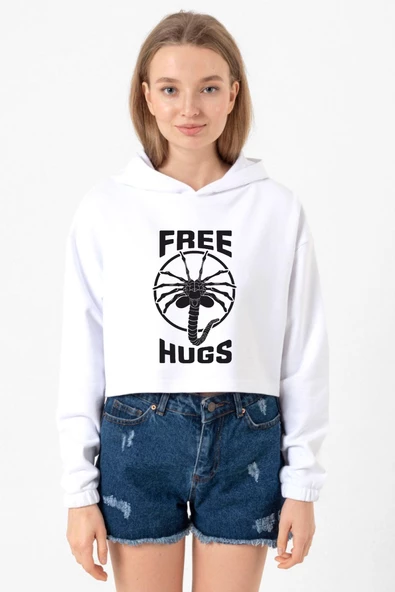 Free Facehugger Hugs Beyaz Optik Kadın Crop Kapşonlu ürün görseli 1