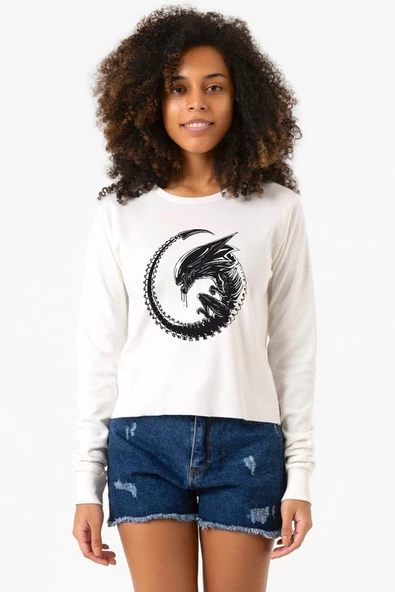 Allien Xenomorph Ekru Ekstra Uzunkol Sweatshirt ürün görseli 1