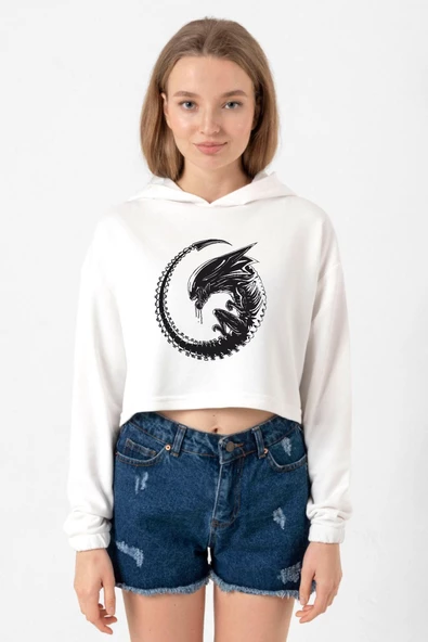 Allien Xenomorph Ekru Kadın Crop Kapşonlu