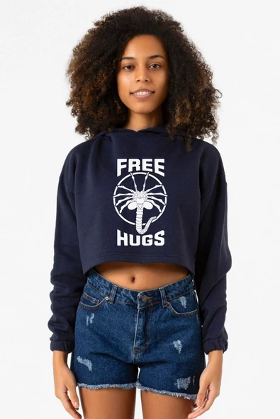 Free Facehugger Hugs Lacivert Kadın Crop Kapşonlu