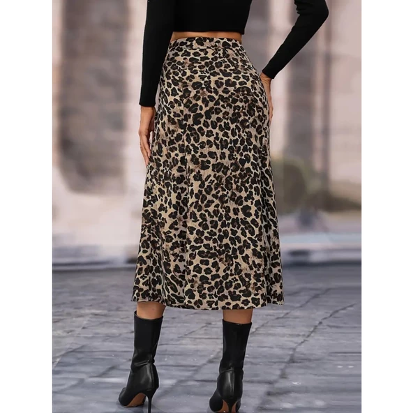 Lucky Life Lucky Life Lucky Life Kadın Yüksek Bel Leopar Desenli Midi Krep Etek - 4
