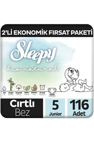 Sleepy Bio Natural Bebek Bez 5 Numara Junior 2'li Fırsat Paketi 58 Adet ürün görseli 1