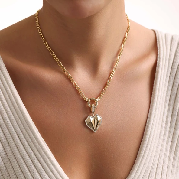 Kalp'li Charm Figaro Zincir Gemici Kilit 14 Ayar 45 cm