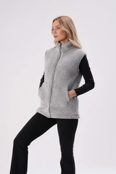 Kadın Gri Melanj Dik Yaka Kalın Peluş Fermuarlı Yelek 24KYLKK215 - Resim 3