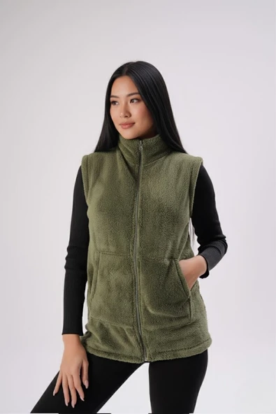 Kadın Haki Yeşil Dik Yaka Kalın Peluş Fermuarlı Yelek 24KYLKK215 ürün görseli