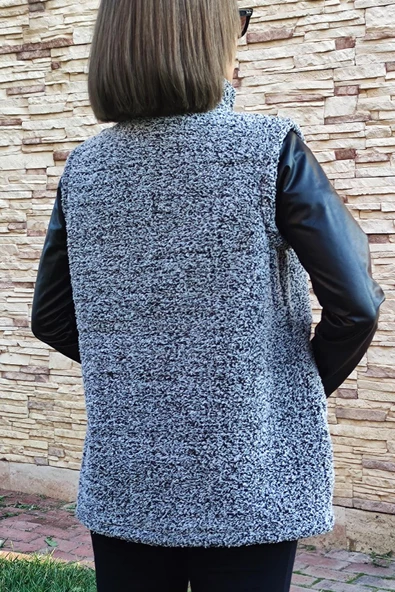 Kadın Gri Melanj Dik Yaka Kalın Peluş Fermuarlı Yelek 24KYLKK215 - 6