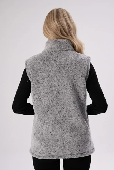 Kadın Gri Melanj Dik Yaka Kalın Peluş Fermuarlı Yelek 24KYLKK215 - Resim 4