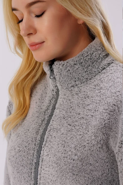 Kadın Gri Melanj Dik Yaka Kalın Peluş Fermuarlı Yelek 24KYLKK215 - Resim 6