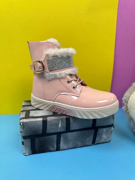 Günlük Kız Çocuk Rugan Bot Fermuarlı Lastik Bağcıklı Kürk ve Taş Detaylı Kaymaz Taban Bootie 391 - 2
