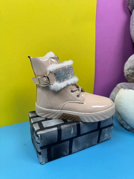 Günlük Kız Çocuk Rugan Bot Fermuarlı Lastik Bağcıklı Kürk ve Taş Detaylı Kaymaz Taban Bootie 391 - 9