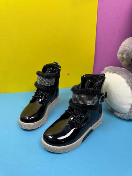 Günlük Kız Çocuk Rugan Bot Fermuarlı Lastik Bağcıklı Kürk ve Taş Detaylı Kaymaz Taban Bootie 391 - 7